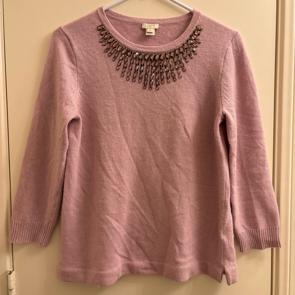 J. Crew Pink Jewel Embellished Merino Wool/Nylon/Viscose Sweater Size Small